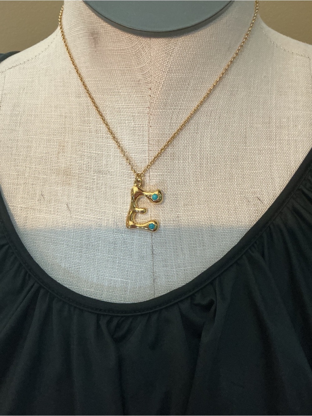 Gold Letter E Pendant Necklace with Turquoise Accents - Women Jewelry